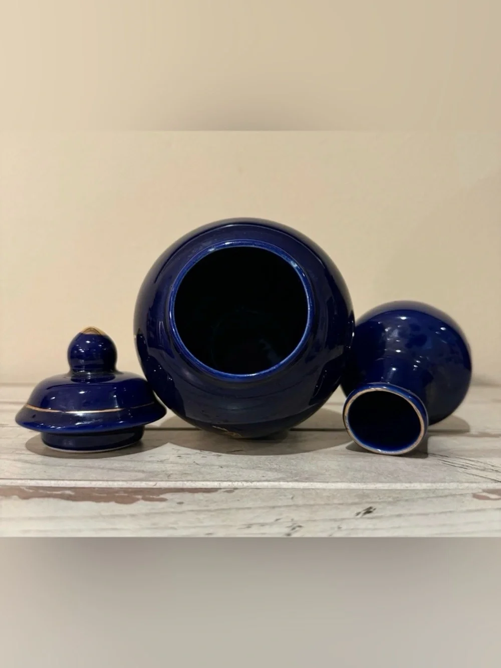 Vintage Cobalt Blue Ginger Jar & Bud Vase Set Gold Peacock Chinoiserie D